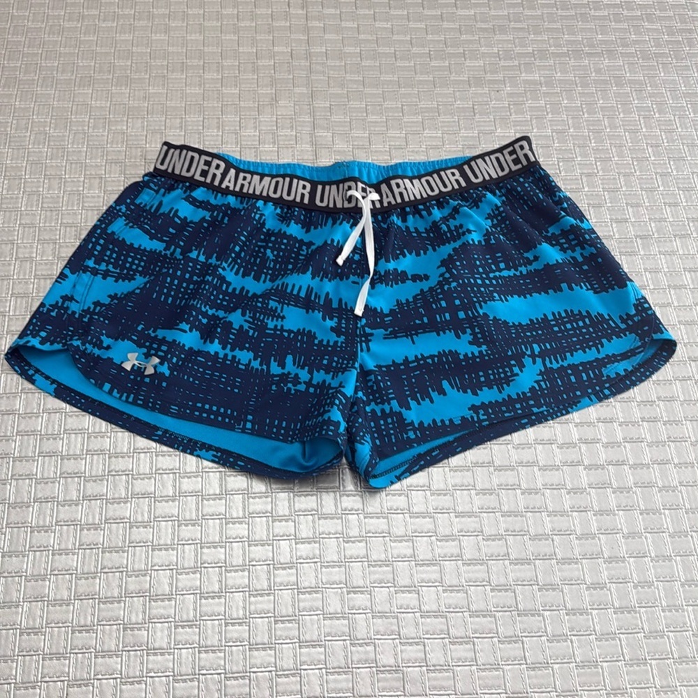 Under Armour Blue Black Print Athletic Running Shorts Women’s Large